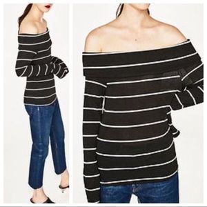 ZARA Black White Stripe LongSleeve OffShoulder top